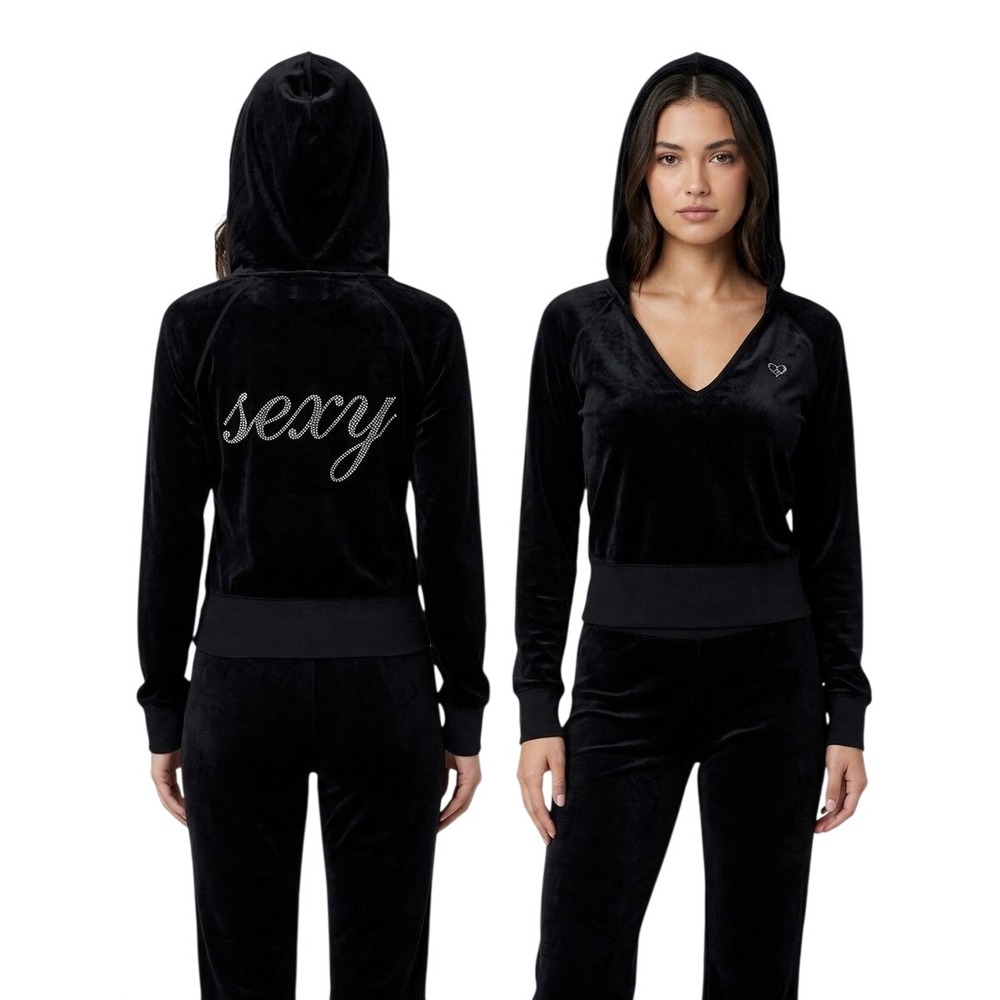 VTG Y2K Victorias Secret Sexy Little Things Cropped Velour Hoodie Black V-Neck